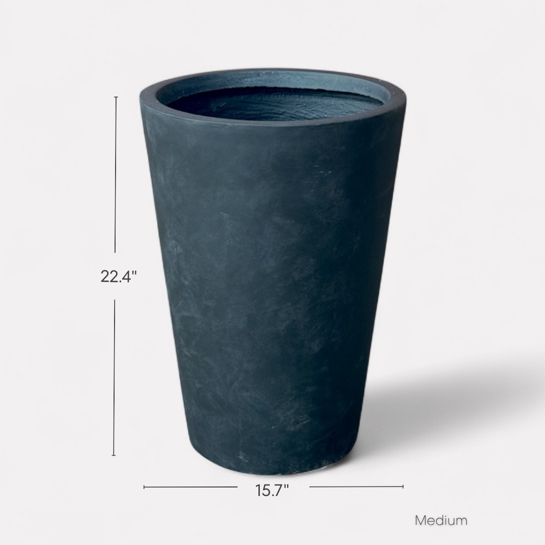 Tahiti Fiber Clay Planter, Hand-painted in Weathered Black, 19.6"D x 27.5"H