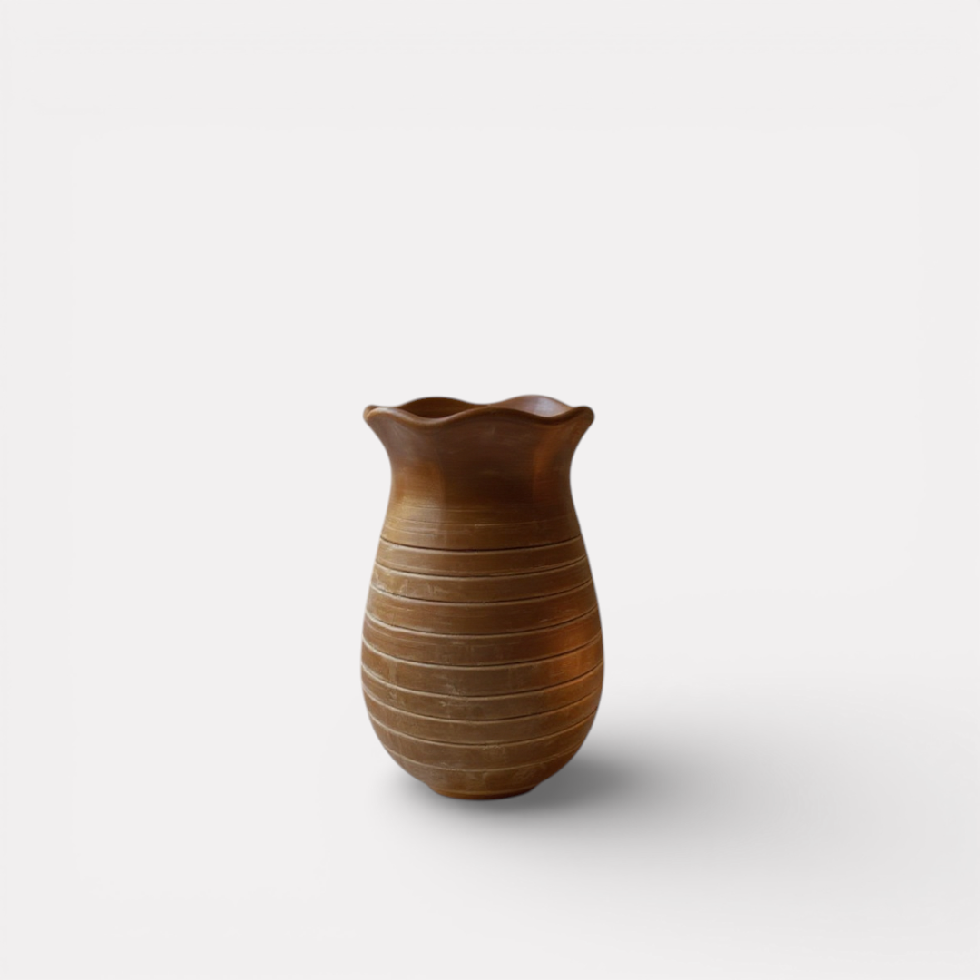 Sable Scalloped Crock,Terracotta Pot,Hand-Painted in Earthly Brown, 6.2"D x 9.4"H