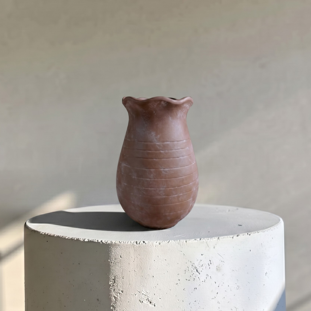 Sable Scalloped Crock,Terracotta Pot,Hand-Painted in Earthly Brown, 6.2"D x 9.4"H