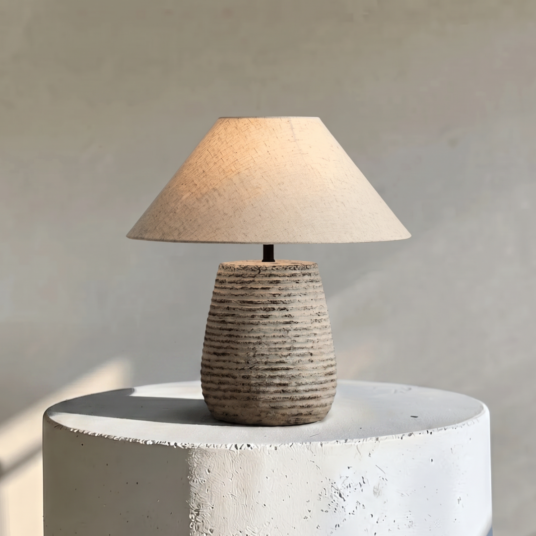 Solvia, Striated Sandstone Ceramic Base with Linen Dawn Fabric Shade, 19.7" D x 19.7" H