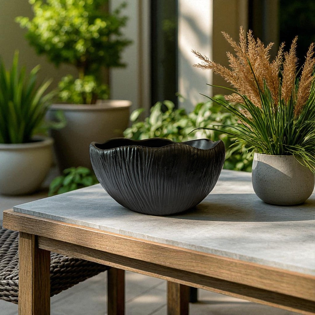 Somerset Bowl, Artisan Cement Display Piece Hand-painted in Jet Black, 11.6' L x 9.8" W x 5.9" H