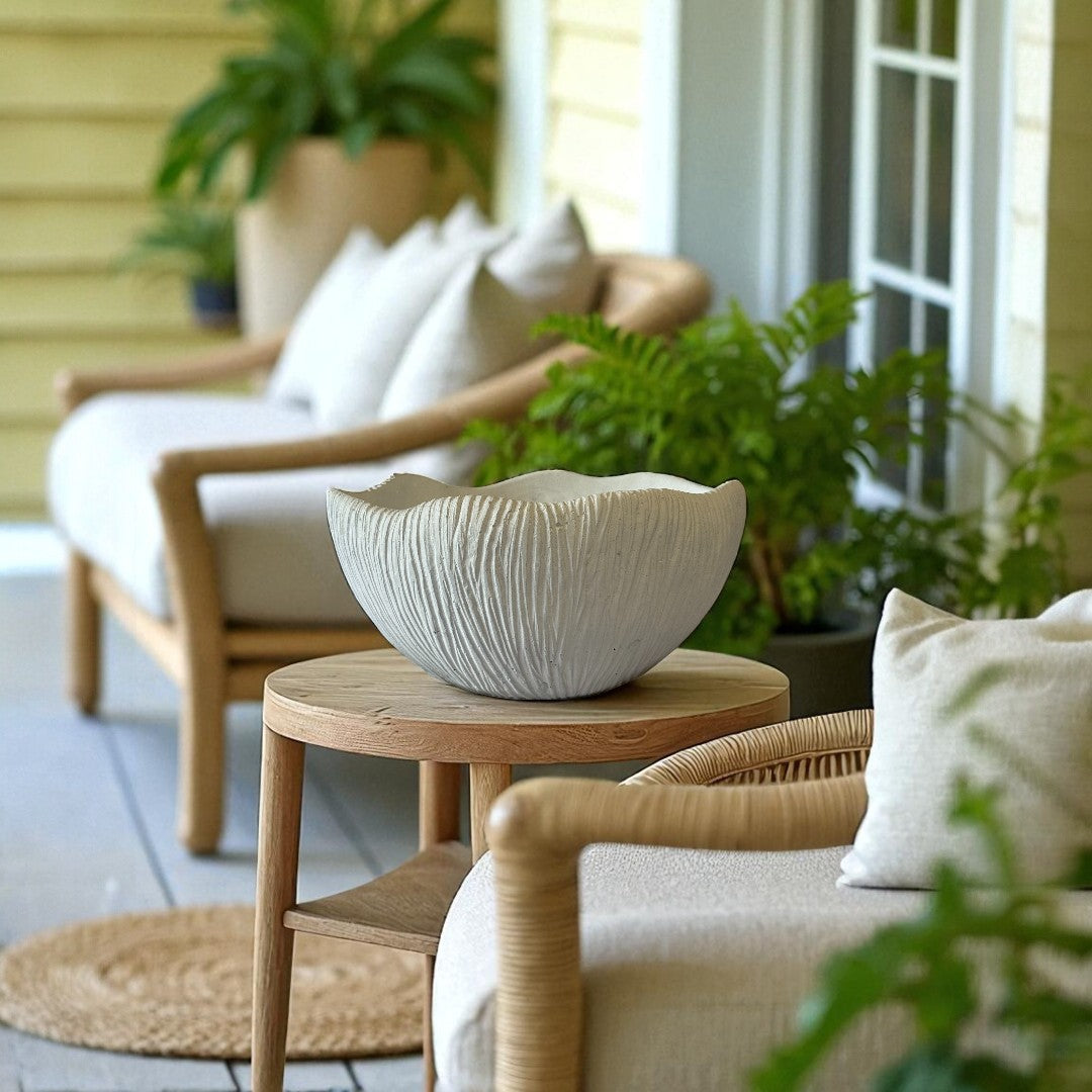 Somerset Bowl, Artisan Cement Display Piece Hand-painted in White Dove, 11.6" L x 9.8" W x 5.9" H