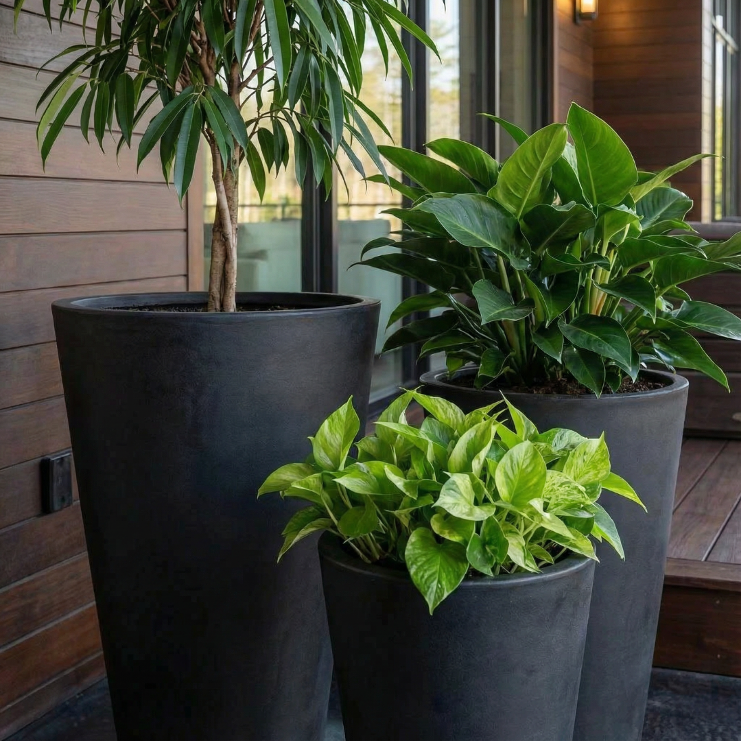 Tahiti Fiber Clay Planter, Hand-painted in Weathered Black