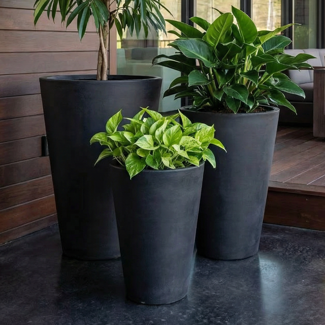 Tahiti Fiber Clay Planter, Hand-painted in Weathered Black, 19.6"D x 27.5"H