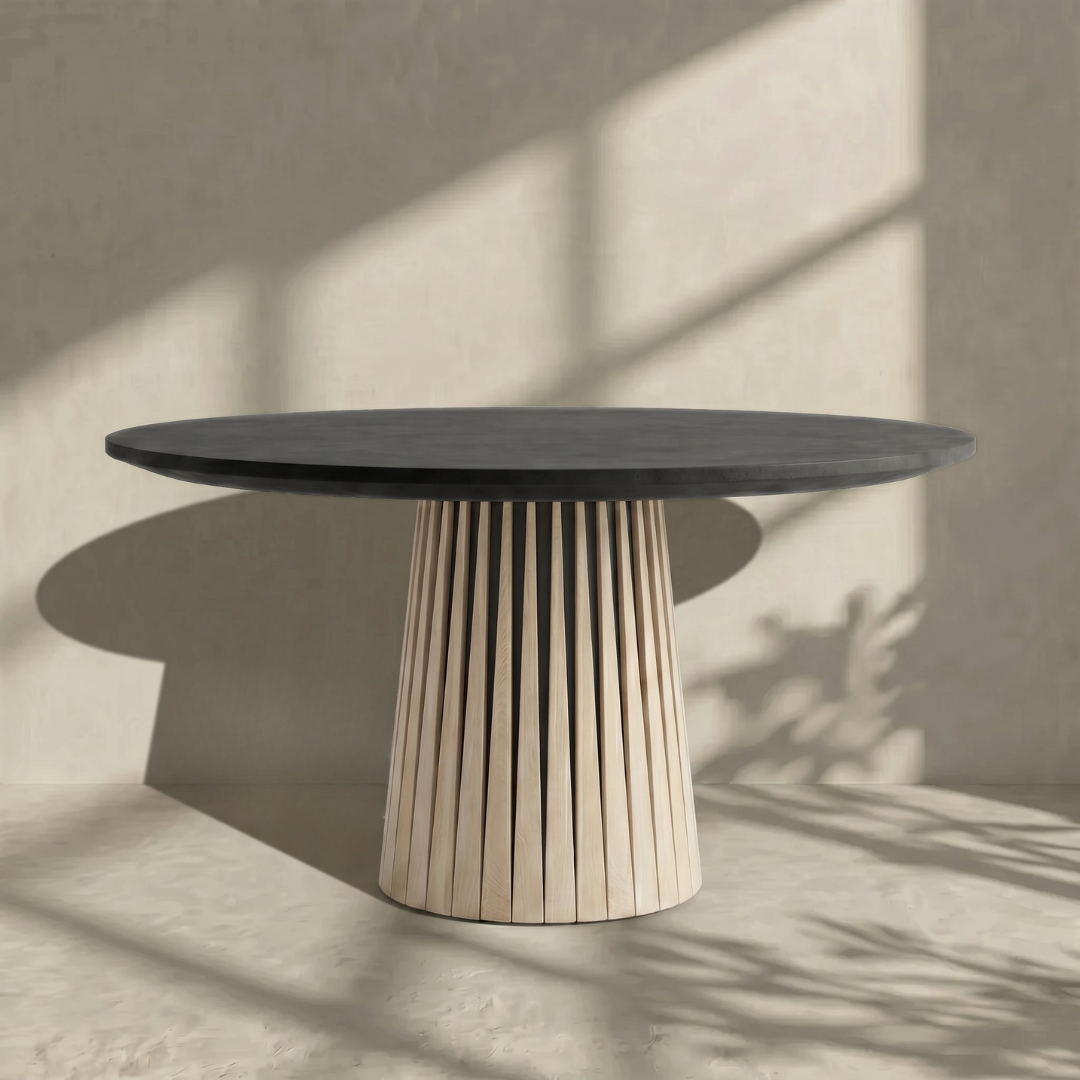 Tholos, Concrete & Oak Round Table Finished in Blackened Concrete & Brushed Light Oak, 52”D x 30”H