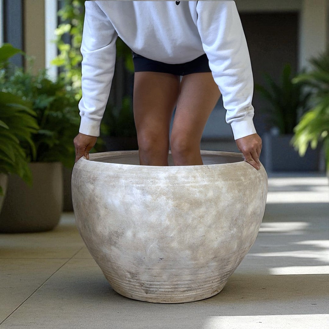 Titan XXL, Fiber Clay Pot, Hand-painted in Aged White, 28.3"D x 17"H