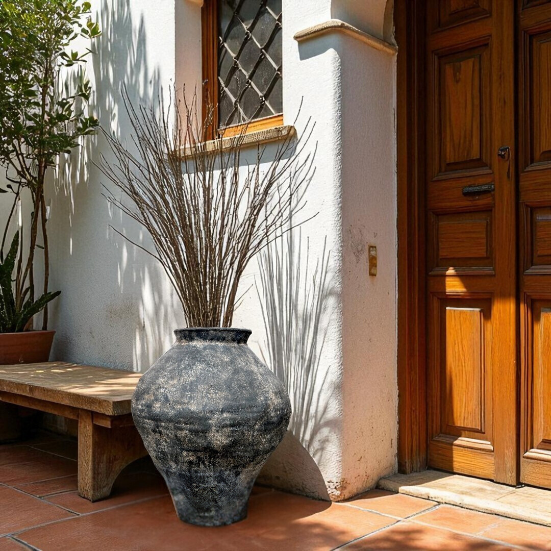 Mojave Rustique Fiber Clay Vessel, Hand-Painted in Weathered Black 15.7" D x 18.8" H