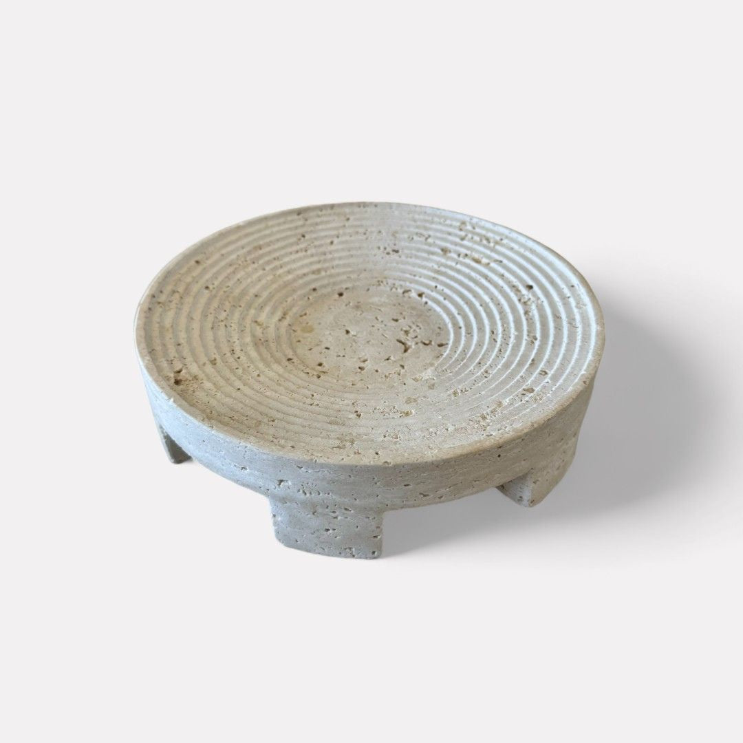 Grazia Travertine Stone, Round Shallow Tray with Modern-edged Detail
