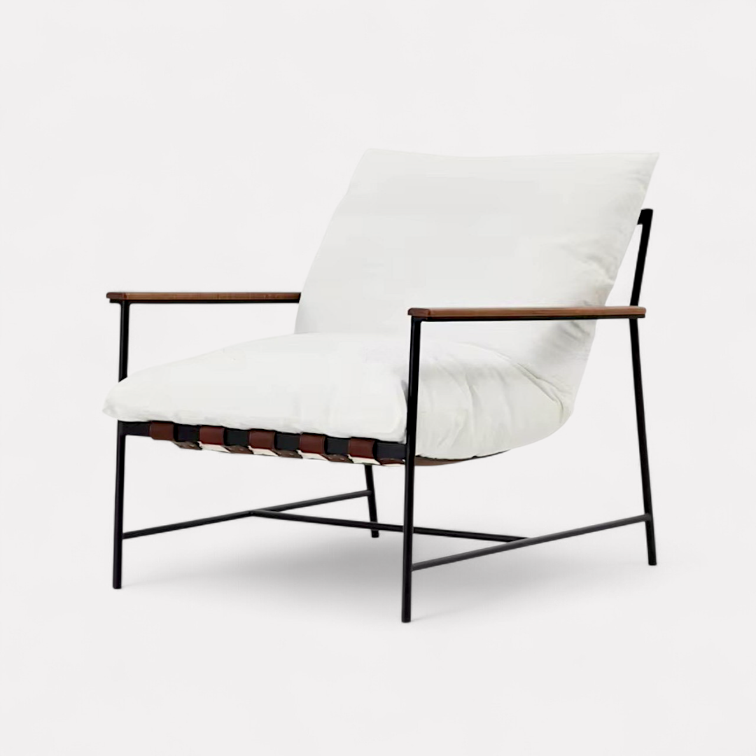 Vera, Steel & Leather Oversized Lounge Chair in White, 33”L x 41”W x 34”H