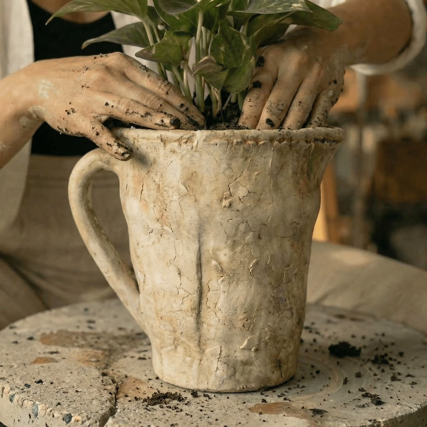 Valencia Carafe-Style Cement Planter, Hand-Painted in Aged White, 8.5"D x 7"H