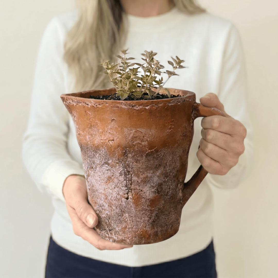 Valencia Carafe-Style Cement Planter, Hand-Painted in Aged Terracotta, 8.5"D x 7"H