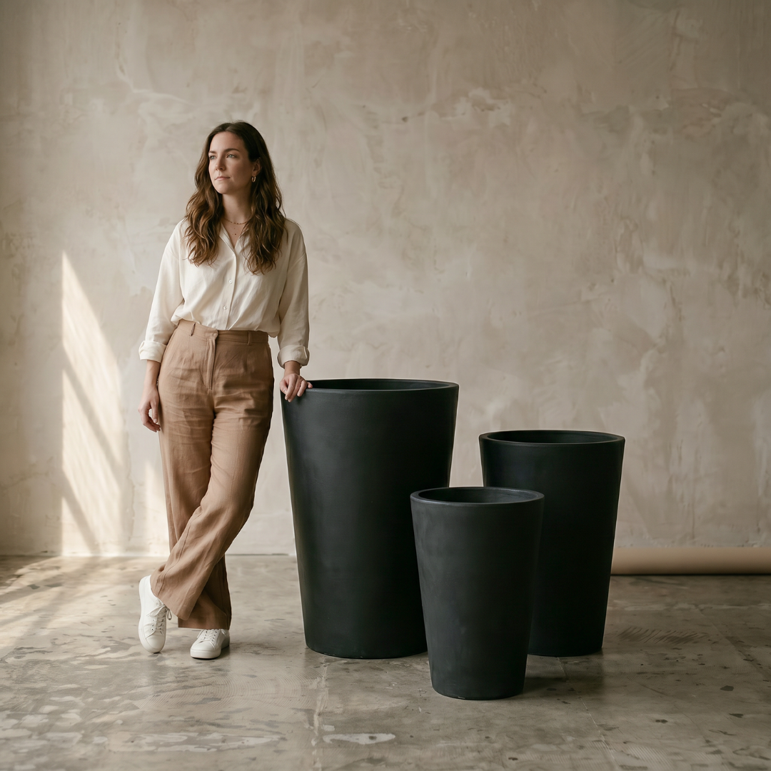Tahiti Fiber Clay Planter, Hand-painted in Weathered Black