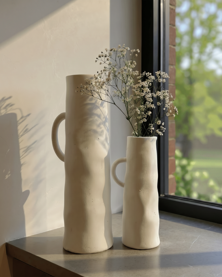Savannah Pitcher-Style, Terracotta Vessel, Handpainted in Oyster White
