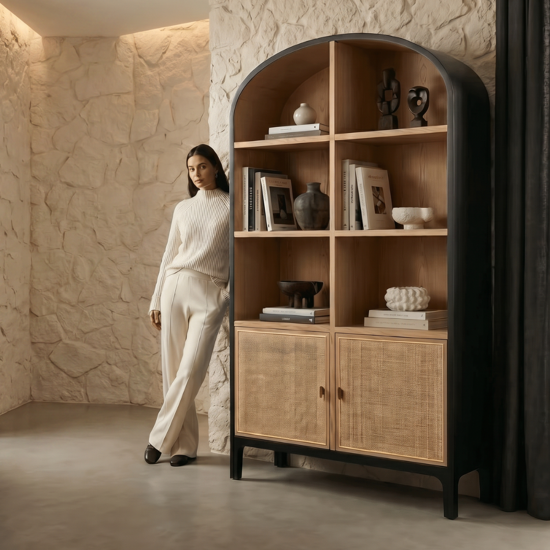 Arke, Oak & Rattan Display Bookcase in Natural Oak, Matte Brushed Black & Rattan Weave 50”L x 16.5”W x 83”H