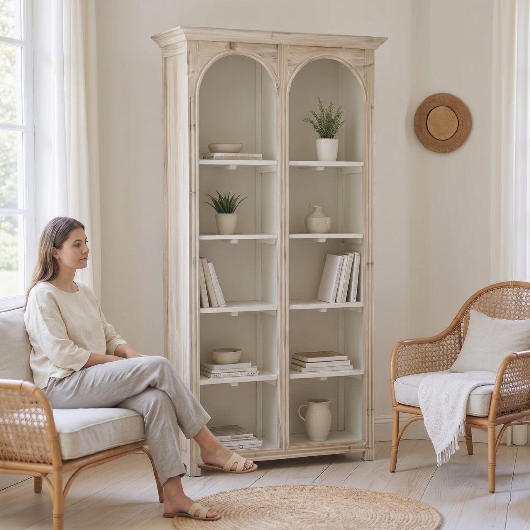 Athis, Double-Arch Recycled Pine, Bookcase/ Display Cabinet in Natural Limewash Finish, 40"L x 12"W x 79"H