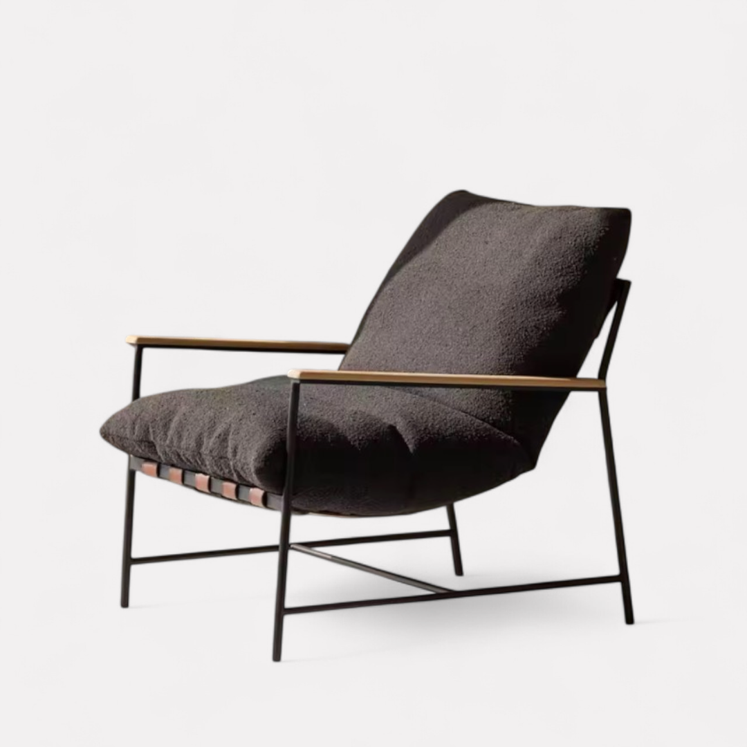 Vera, Steel & Leather Oversized Lounge Chair in Boucle Black, 33”L x 41”W x 34”H