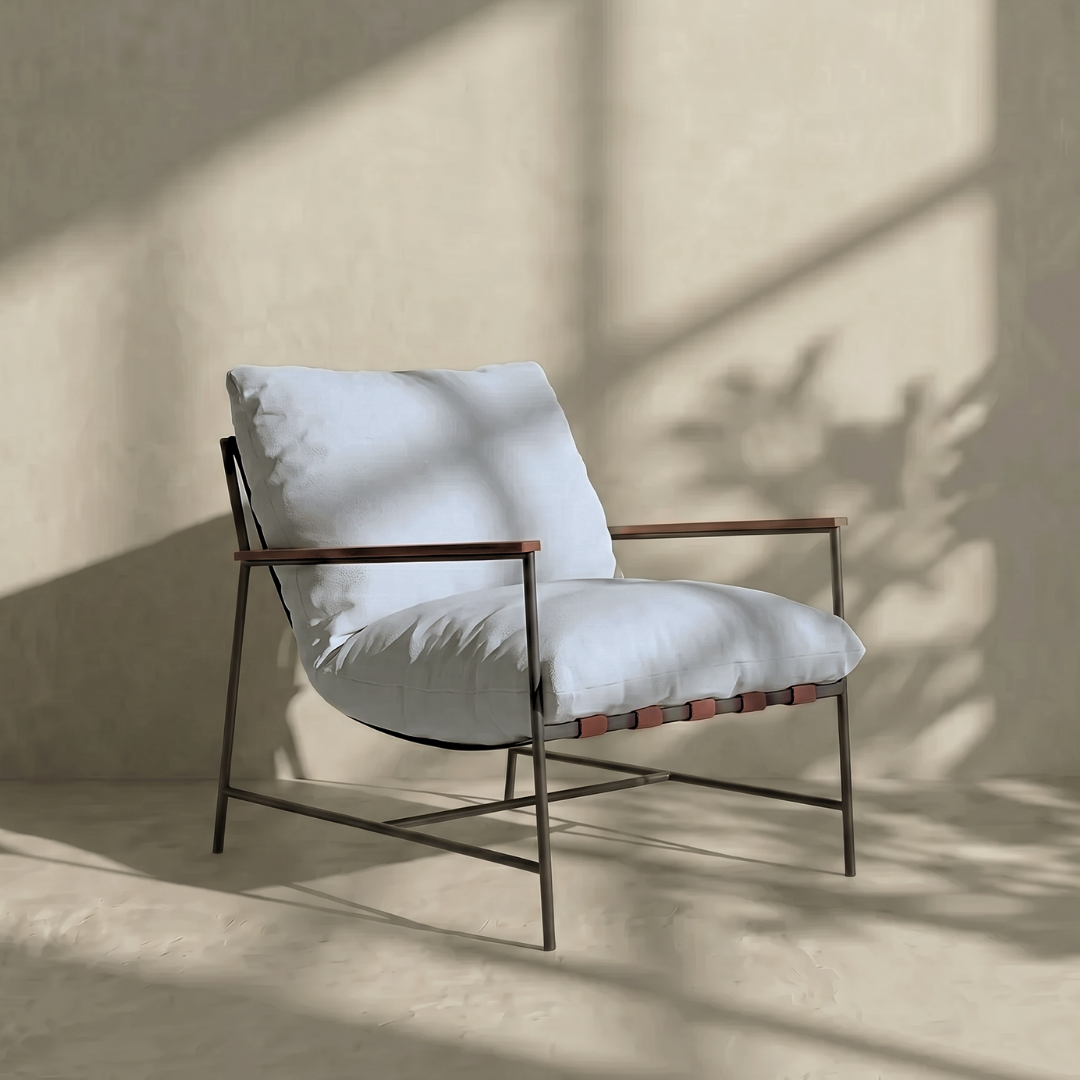 Vera, Steel & Leather Oversized Lounge Chair in White, 33”L x 41”W x 34”H