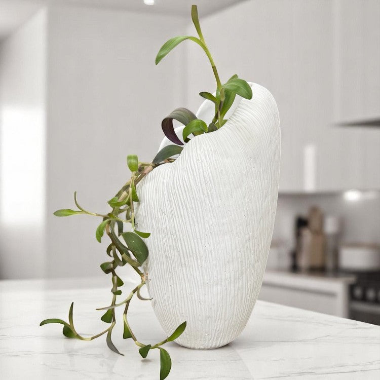 Zephyr Vasque, Artisan Cement Display Piece Hand-painted in White Dove, 8.2"D x 15.7"H