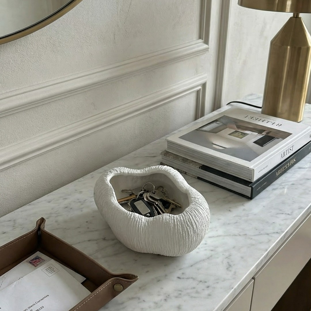 Zephyr Bowl, Artisan Cement Display Piece Hand-painted in White Dove, 9.8"D x 5.5"H