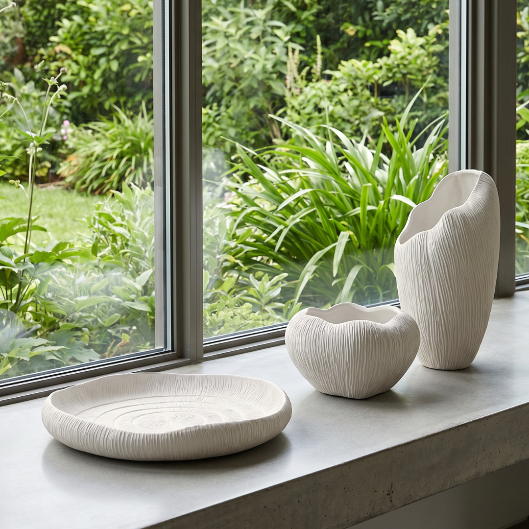 Zephyr Serving Tray, Artisan Cement Display Piece Hand-painted in White Dove, 14.1"D x 2.3"H
