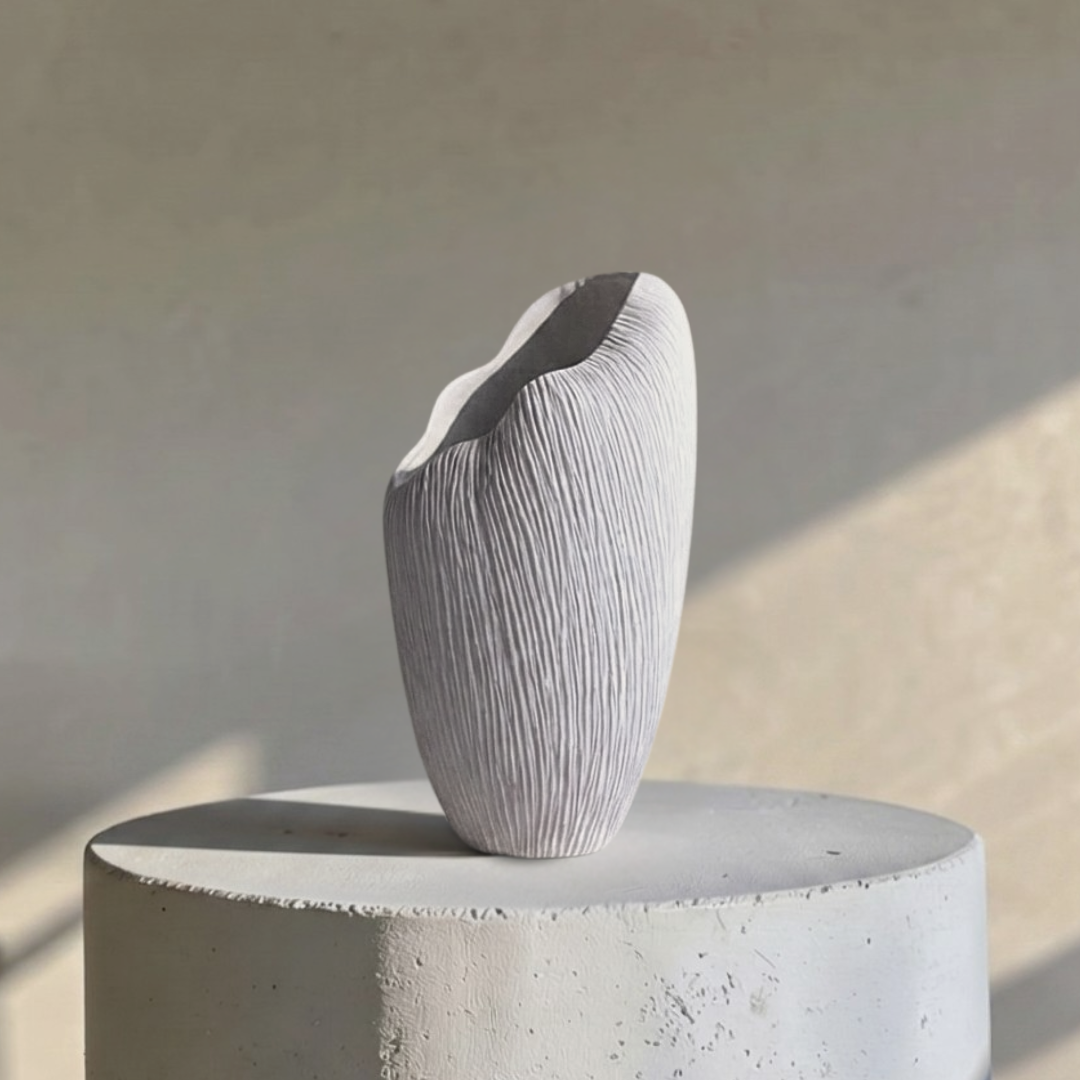 Zephyr Vasque, Artisan Cement Display Piece Hand-painted in White Dove, 8.2"D x 15.7"H
