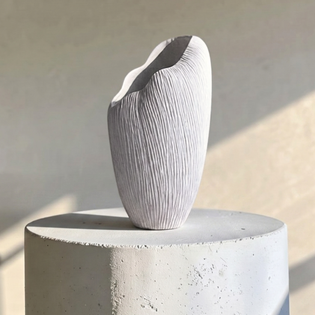 Zephyr Vasque, Artisan Cement Display Piece Hand-painted in White Dove, 8.2"D x 15.7"H