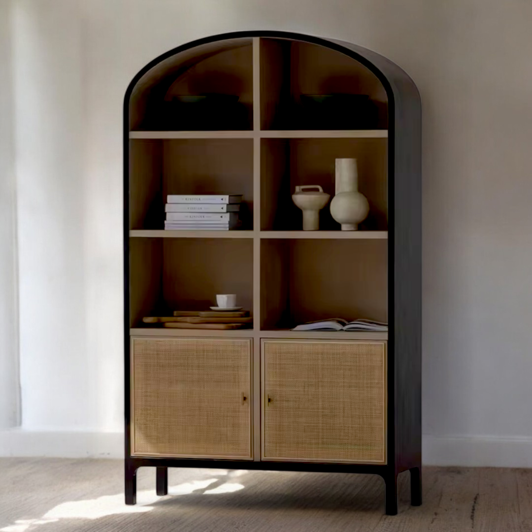 Arke, Oak & Rattan Display Bookcase in Natural Oak, Matte Brushed Black & Rattan Weave 50”L x 16.5”W x 83”H