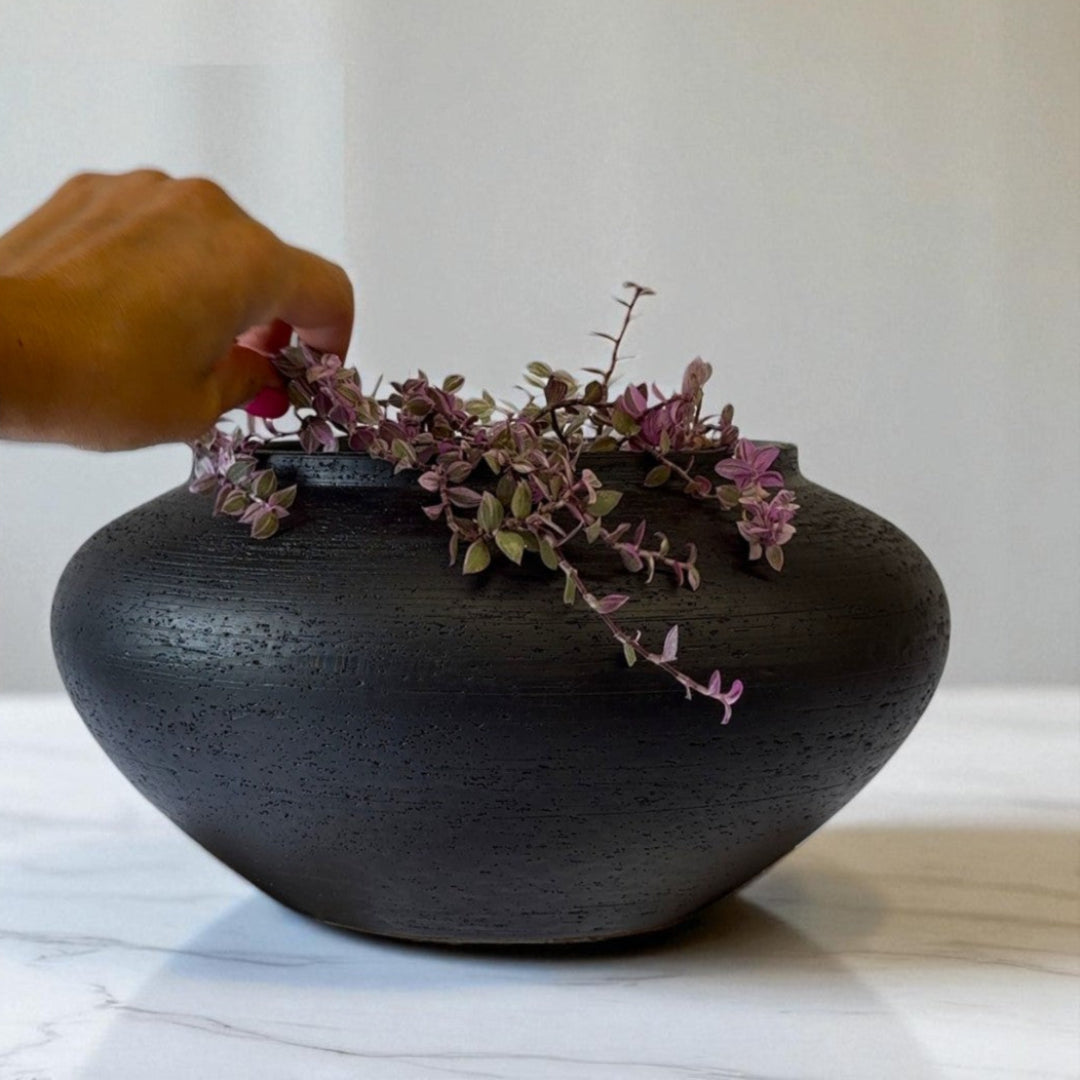 Milan, Terracotta Vessel, Handpainted in Jet Black, 12.5"D x 6.2"H