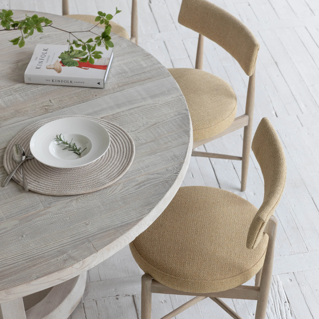 Celestin, White Pine Dining Table in Soft White Limewash Finish, 63”D x 30”H