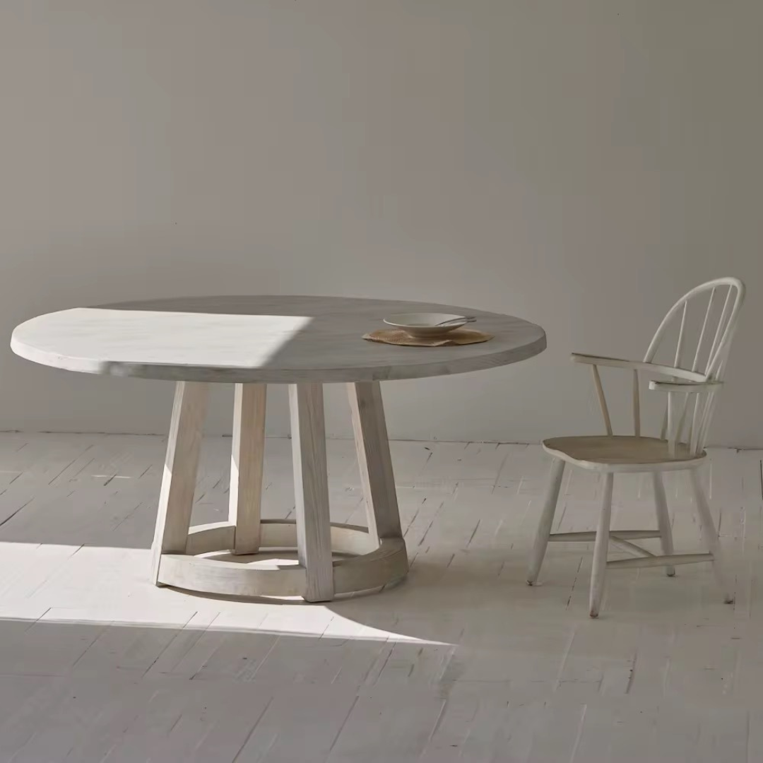 Celestin, White Pine Dining Table in Soft White Limewash Finish, 63”D x 30”H