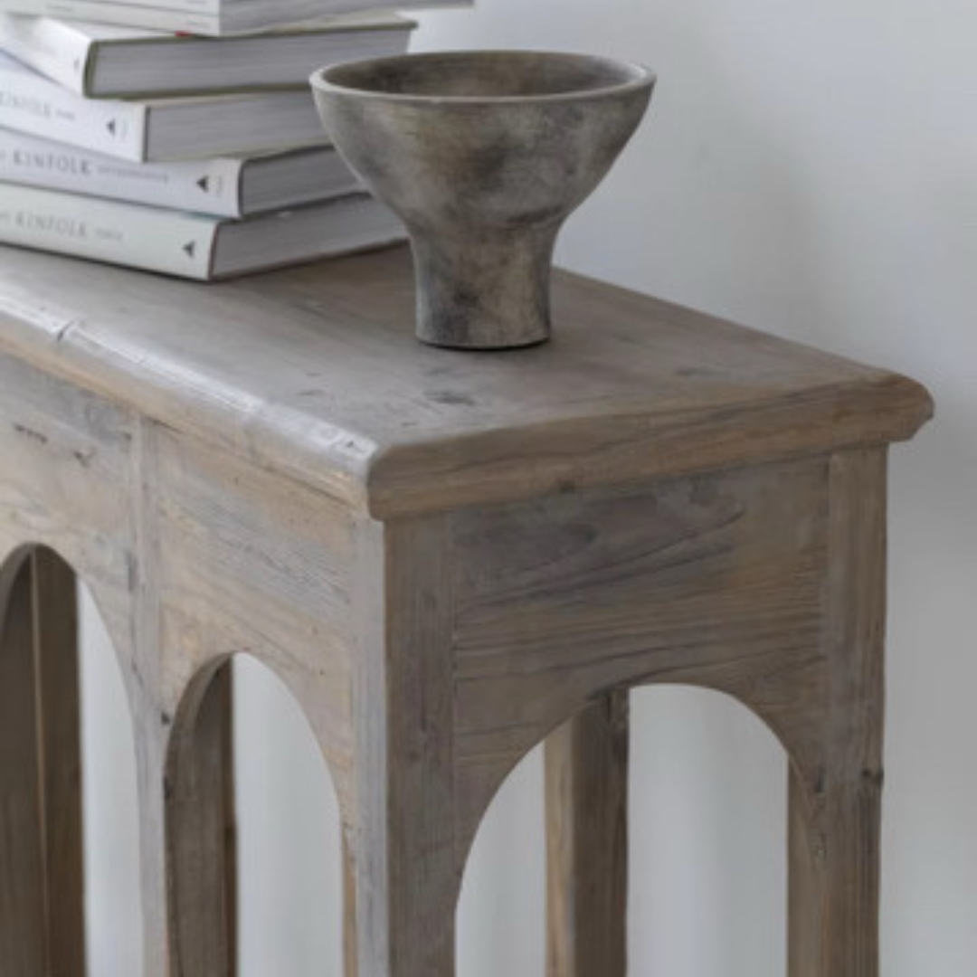 Aeris, Arched Reclaimed Pine Console Table in Cold Smoky Grey Finish, 70”L x 15”W x 33”H