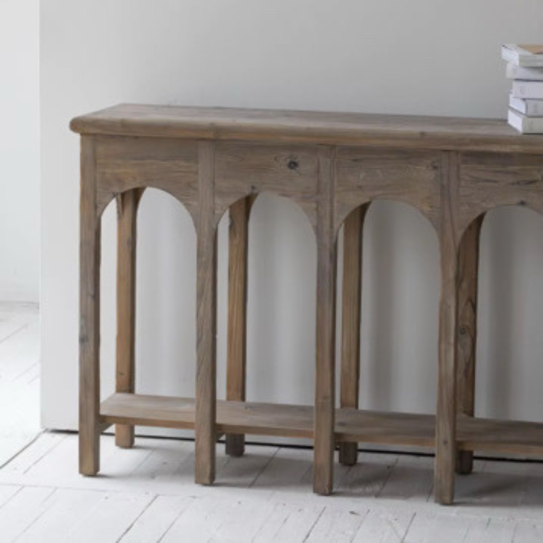 Aeris, Arched Reclaimed Pine Console Table in Cold Smoky Grey Finish, 70”L x 15”W x 33”H