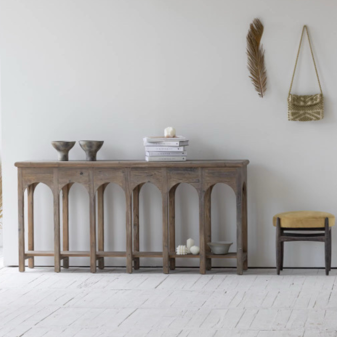 Aeris, Arched Reclaimed Pine Console Table in Cold Smoky Grey Finish, 70”L x 15”W x 33”H
