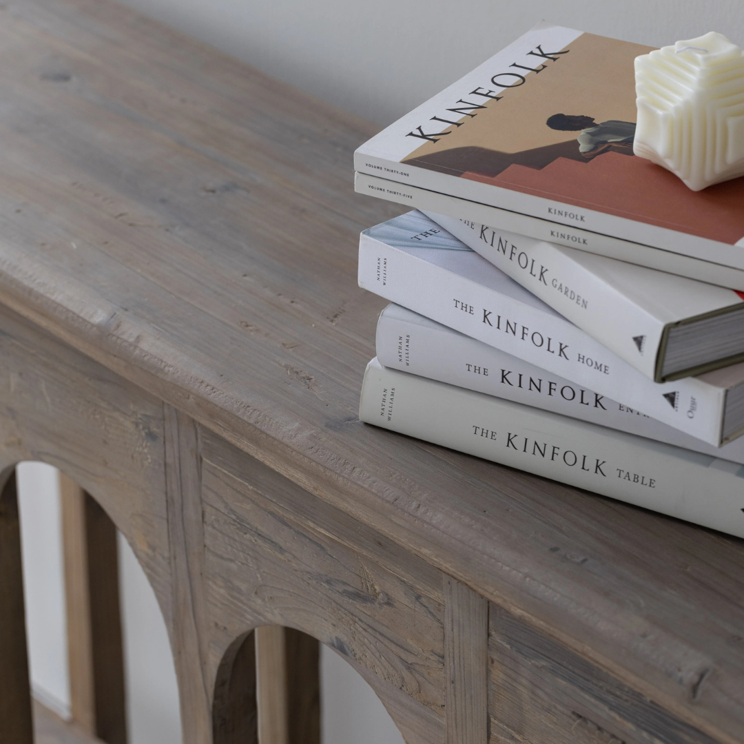 Aeris, Arched Reclaimed Pine Console Table in Cold Smoky Grey Finish, 70”L x 15”W x 33”H