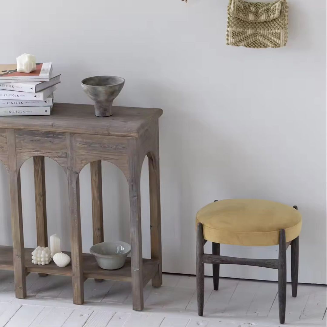 Aeris, Arched Reclaimed Pine Console Table in Cold Smoky Grey Finish, 70”L x 15”W x 33”H