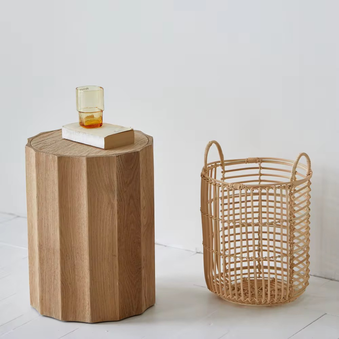 Myros, Oak Side Table in Sandy Grey Finish, 14”D x 18”H