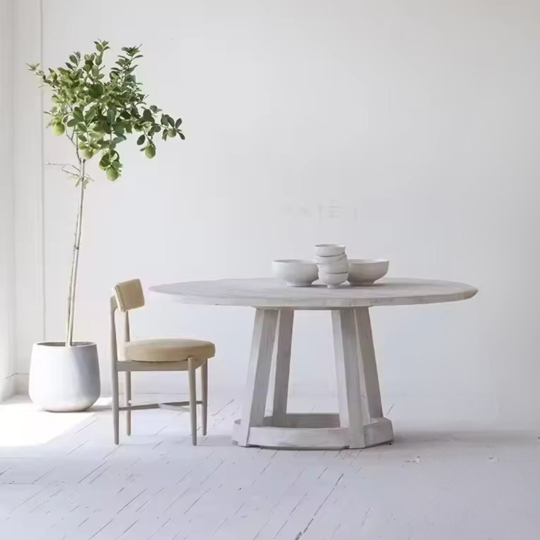 Celestin, White Pine Dining Table in Soft White Limewash Finish, 63”D x 30”H