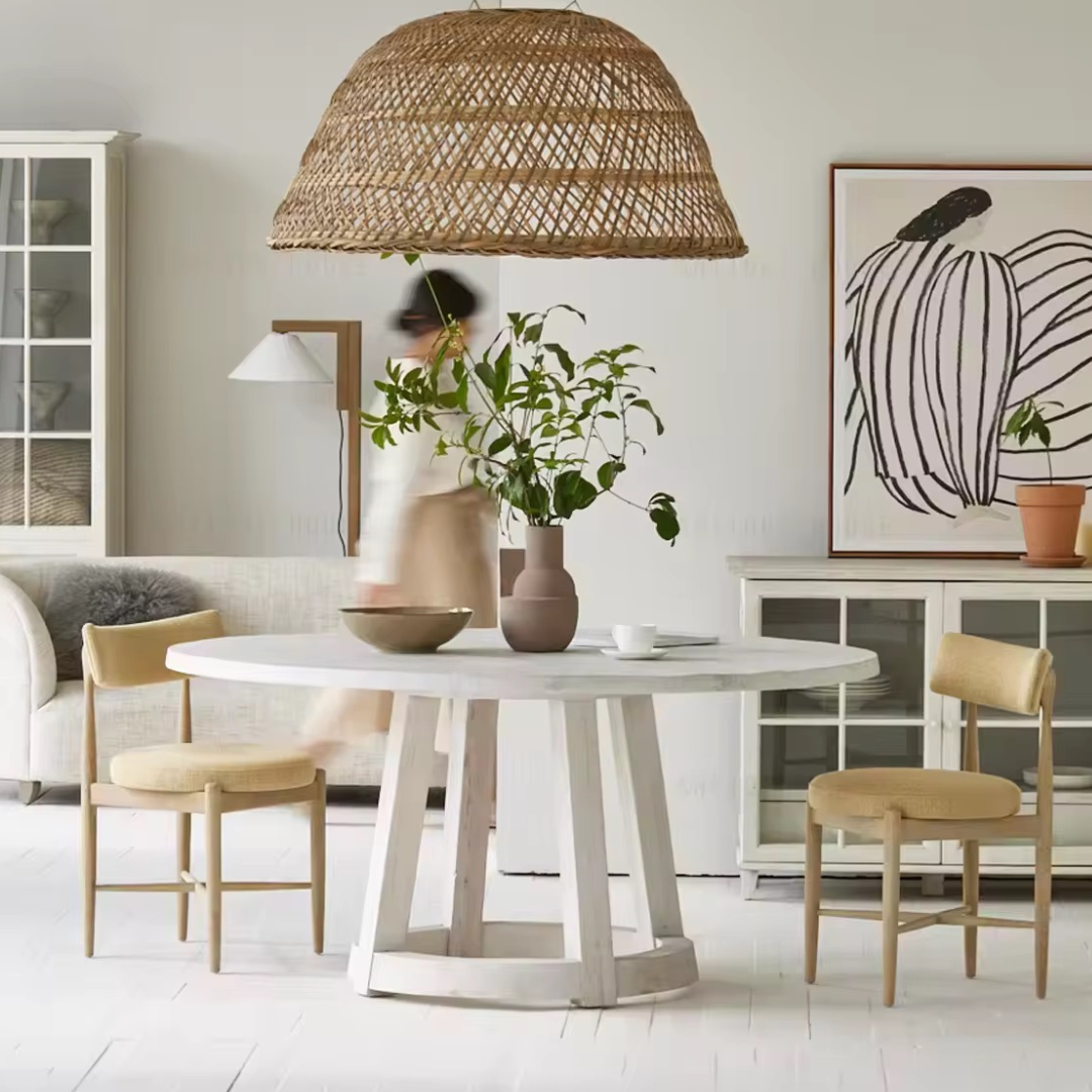 Celestin, White Pine Dining Table in Soft White Limewash Finish, 63”D x 30”H