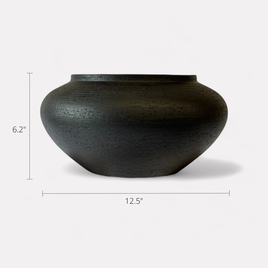 Milan, Terracotta Vessel, Handpainted in Jet Black, 12.5"D x 6.2"H