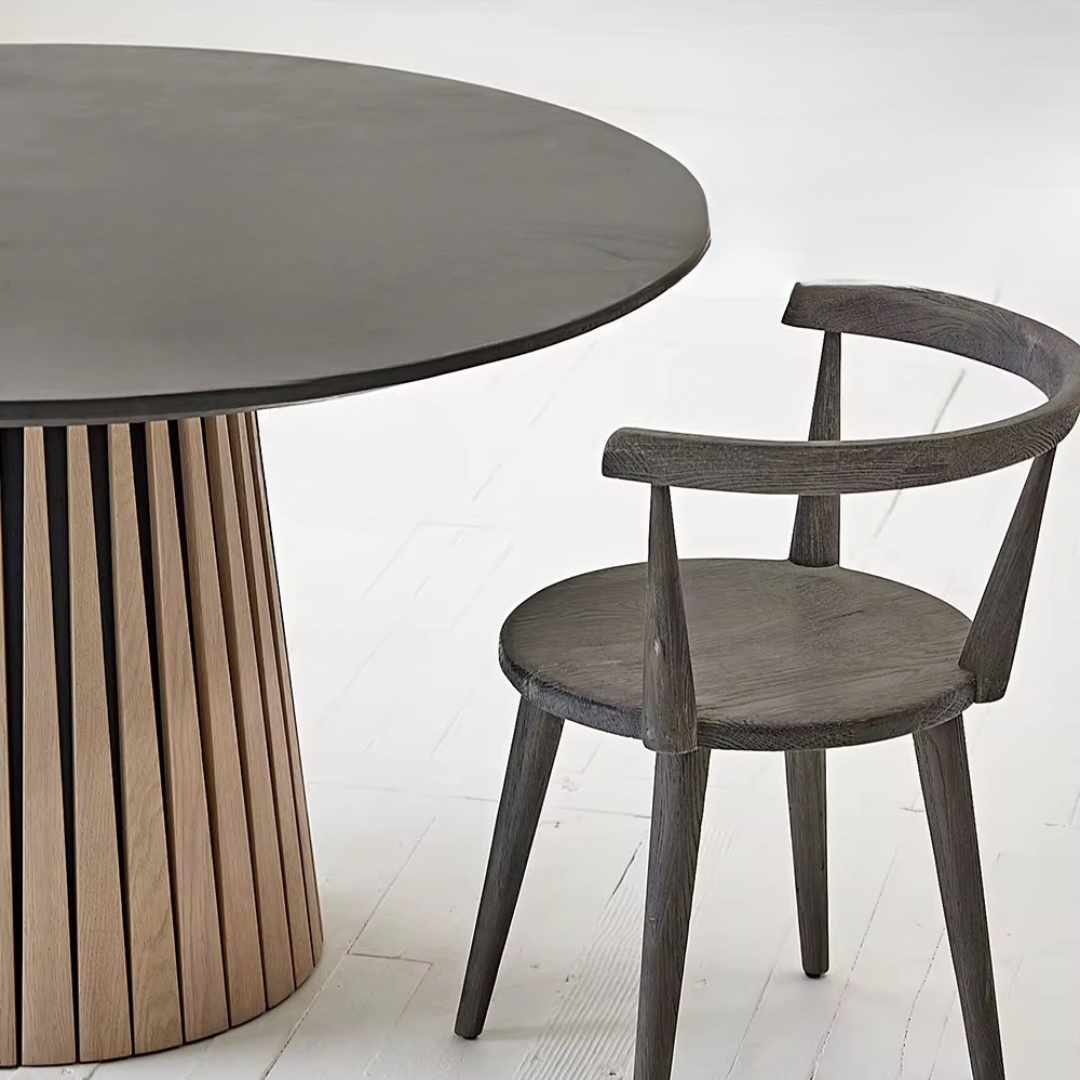Tholos, Concrete & Oak Round Table Finished in Blackened Concrete & Brushed Light Oak, 52”D x 30”H