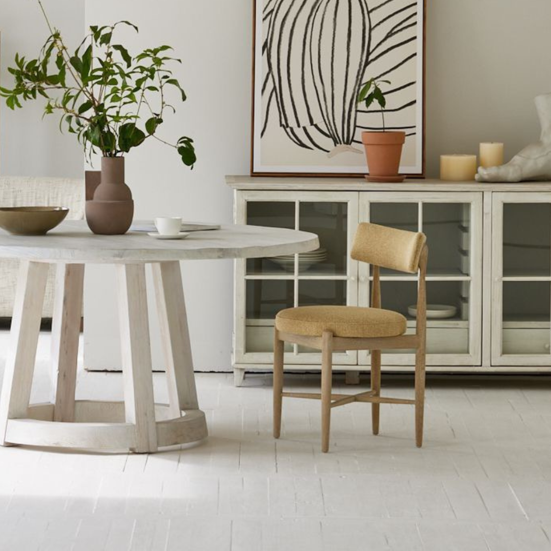 Kyra, Oak Dining Side Chair Finished in Smoky Grey Oak & Khaki Yellow Upholstery, 20"L x 20"W x 30"H