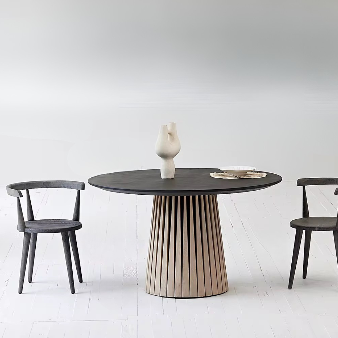 Tholos, Concrete & Oak Round Table Finished in Blackened Concrete & Brushed Light Oak, 52”D x 30”H