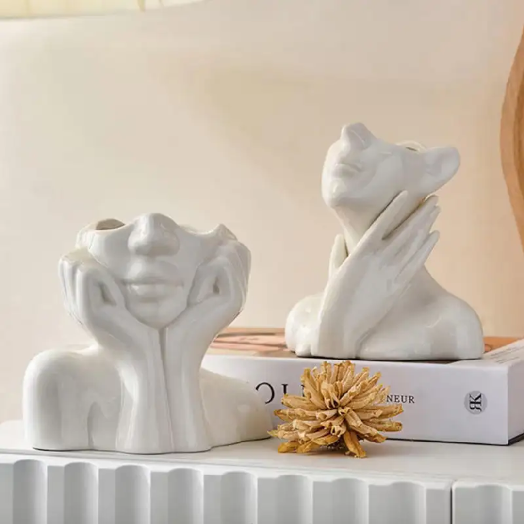 Calista Modern Lady Head Ceramic Vase, 4.4"L x 7.2"H