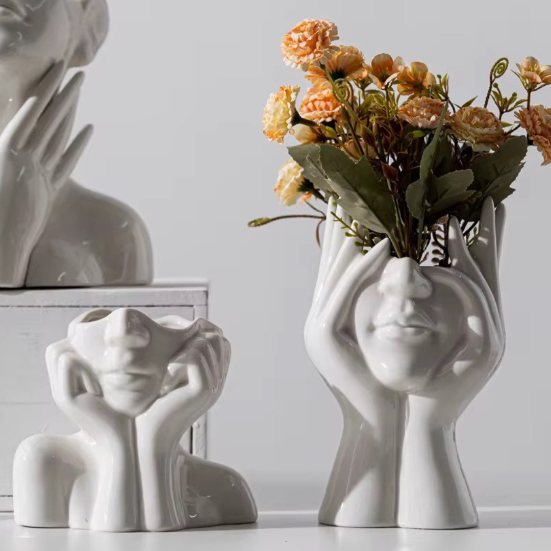 Marilla, Modern Lady Head Ceramic Vase, 4.4" L x 7.2" H