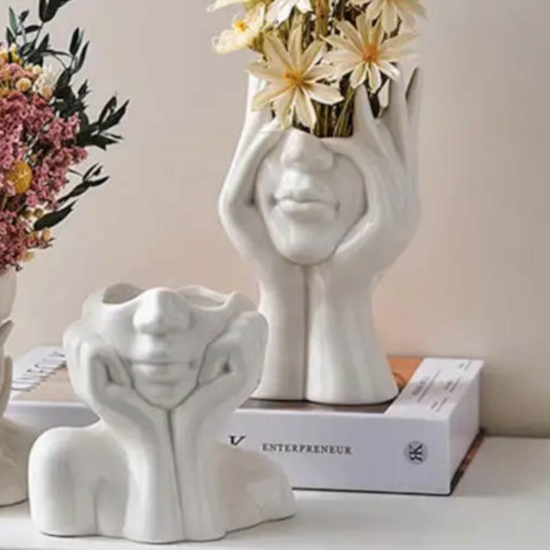 Marilla, Modern Lady Head Ceramic Vase, 4.4" L x 7.2" H