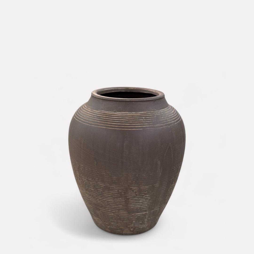 Heritage Classic Terracotta Vessel, Hand-Painted in Earthly Brown 7.8"D x 9.4"H