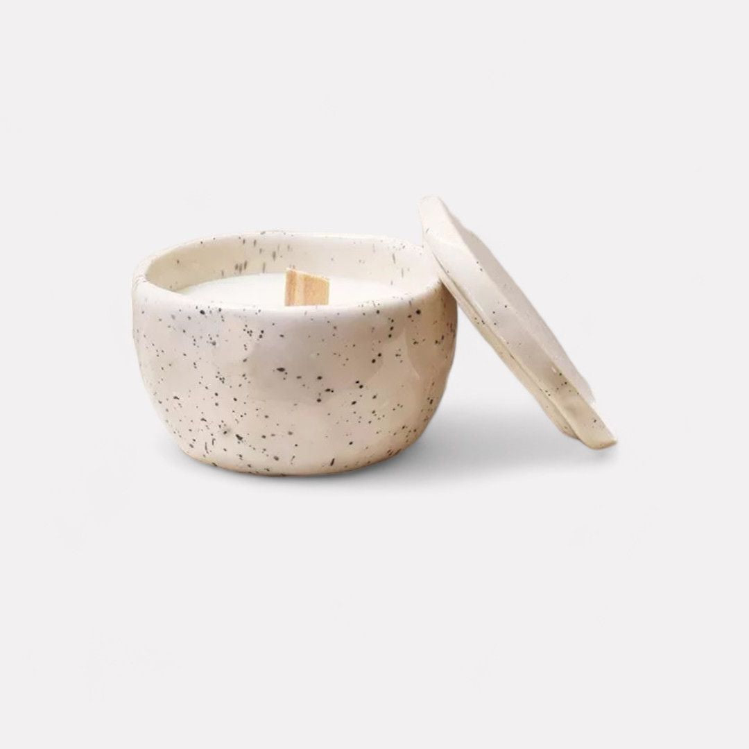 Speckled Solace, Handcrafted Candēla with Ceramic Vessel & Lid, 2.7" D x 2.7"H