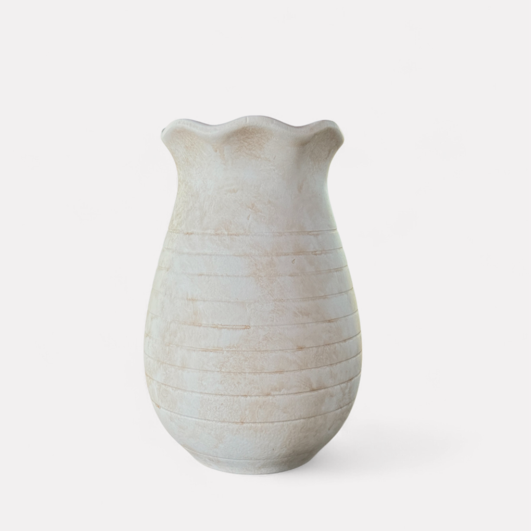 Sable Scalloped Crock, Terracotta Pot, Hand-Painted in Aged White, 6.2"D x 9.4"H