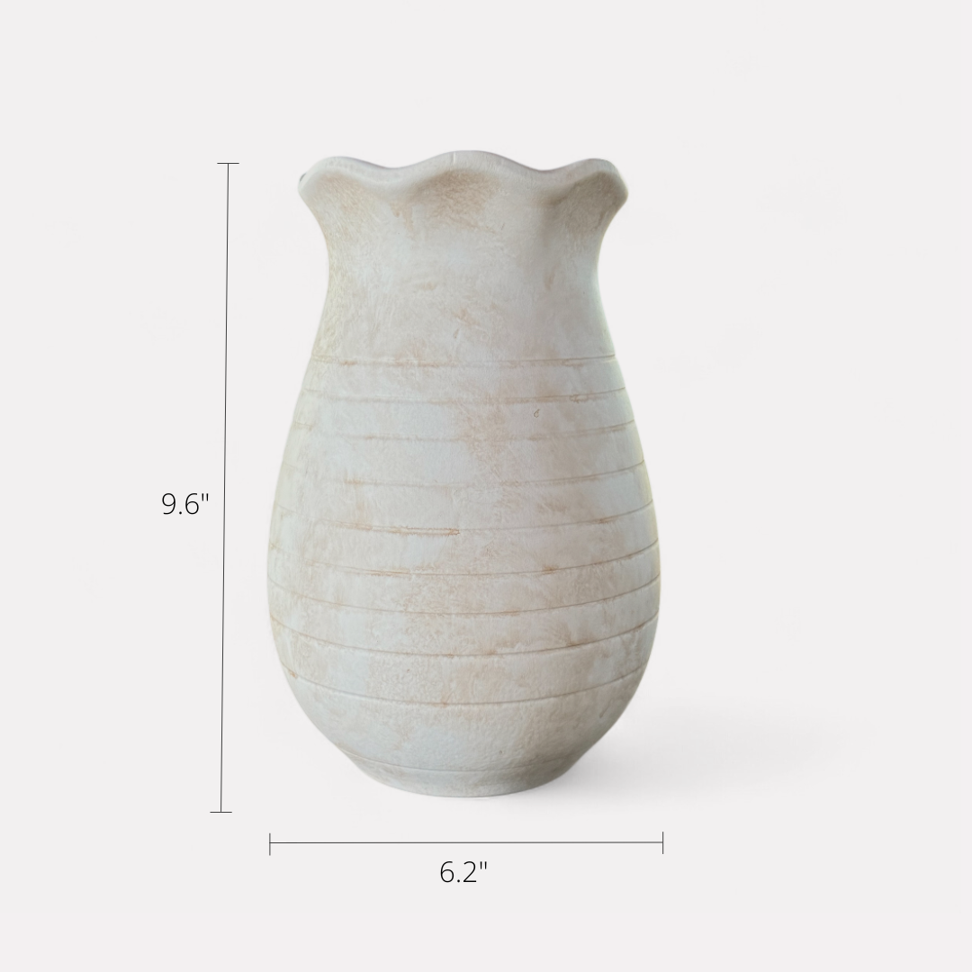 Sable Scalloped Crock, Terracotta Pot, Hand-Painted in Aged White, 6.2"D x 9.4"H