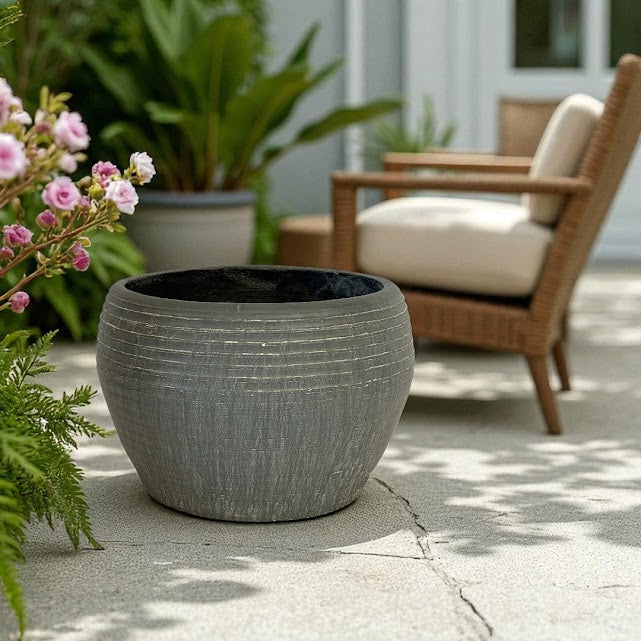 Sahara Fiber Clay Planter, Hand-painted in Earthly Gray, 19.6"D x 13"H